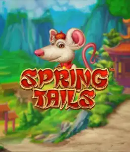 A charming illustration of a white rat wearing a red traditional Chinese outfit positioned in front of a picturesque mountain backdrop. The image is for the Spring Tails game by Betsoft, highlighted with prominent red and gold logo text.