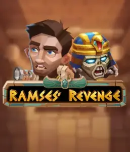 Explore the mysterious world of Ramses' Revenge slot by Relax Gaming, highlighting a surprised explorer and a fierce mummy against an Egyptian tomb backdrop. This image portrays the drama of Egyptian archaeology, ideal for those interested in historical adventures, delivering a captivating escape. 